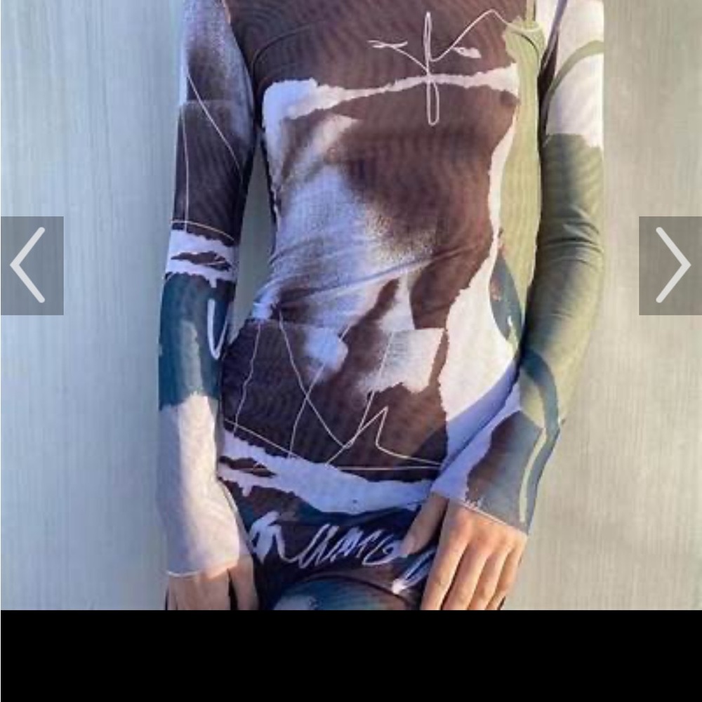 iNAMORATA Monochrome Abstract Long Sleeve Mesh Dress NWT